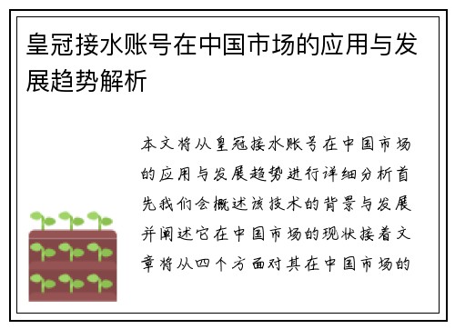 皇冠接水账号在中国市场的应用与发展趋势解析